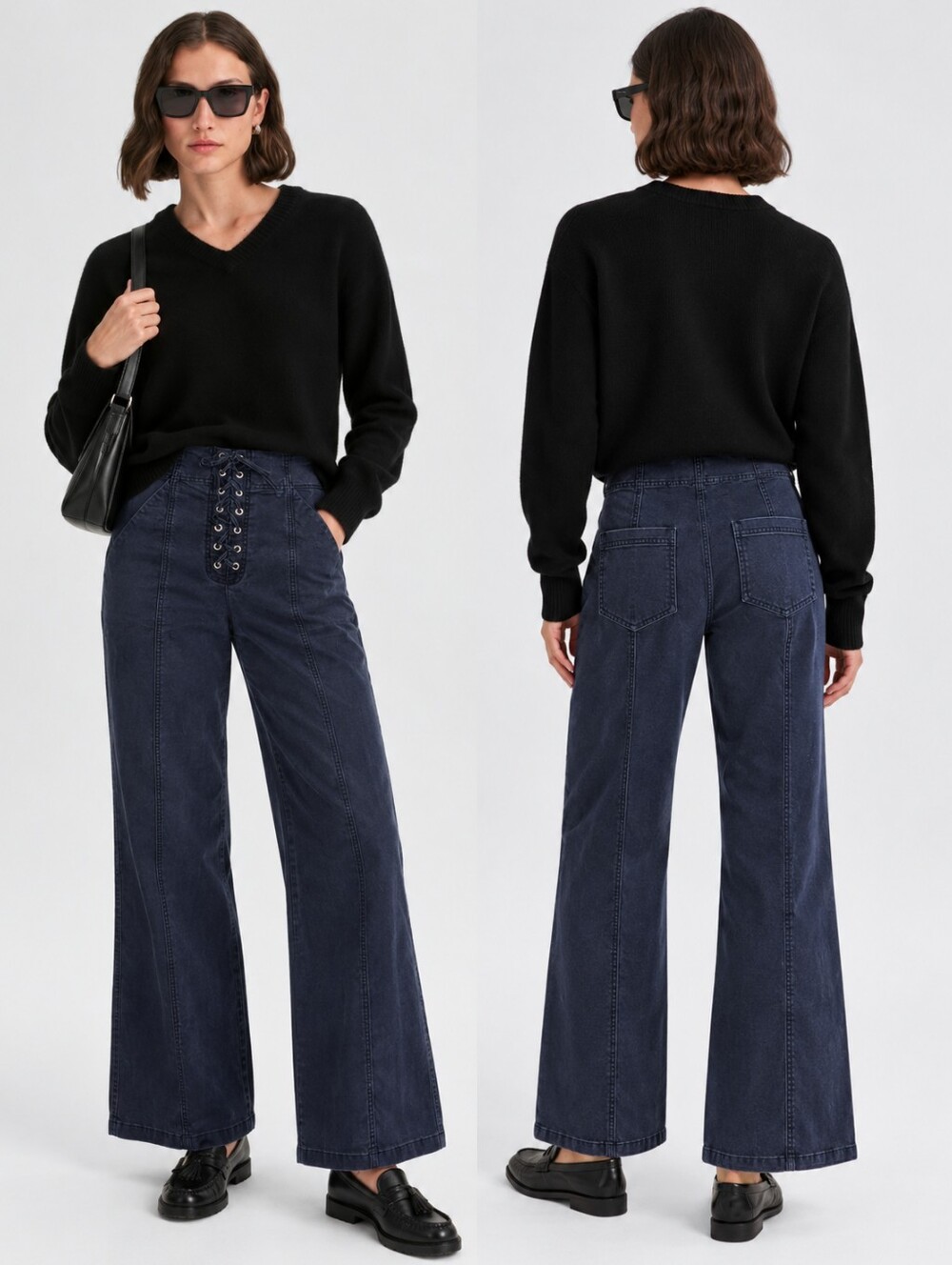 A.L.C. Navy Kyt High-Waist Front Lace-Up Cotton Stretch Ankle Wide-Leg Pants